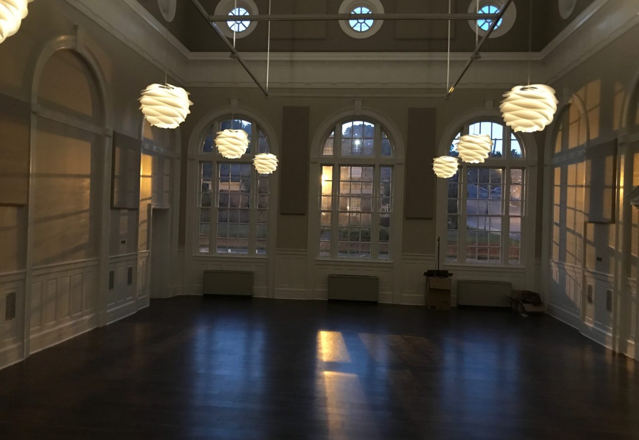 Pendant lights installed in a large interior